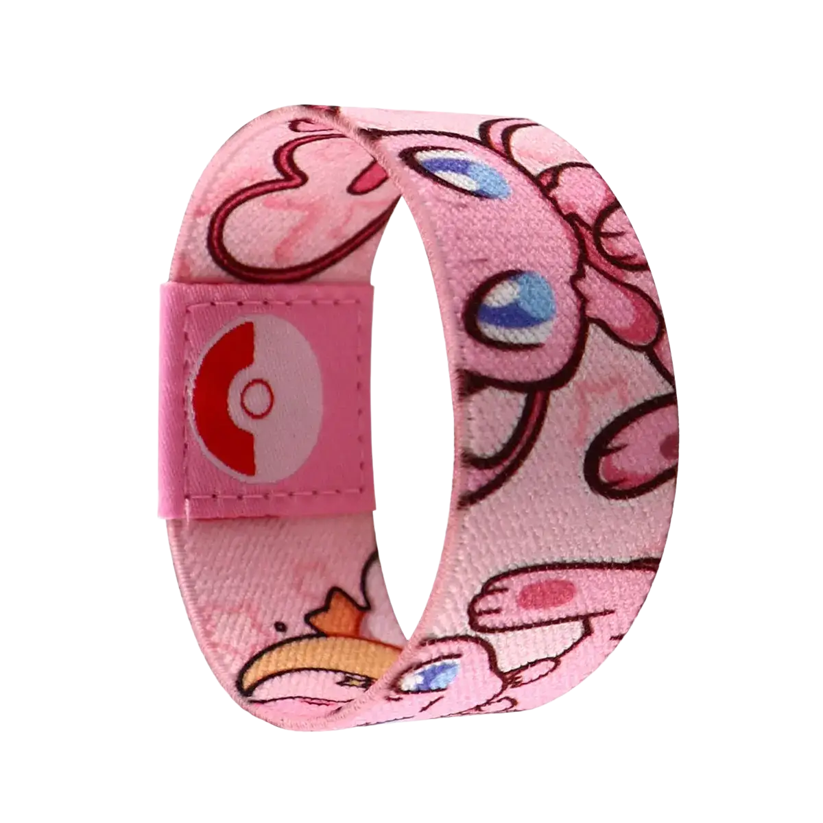 Pink stretch wristband bracelet featuring jigglypuff cartoon design with blue eyes and poké ball logo on adjustable fabric strap
