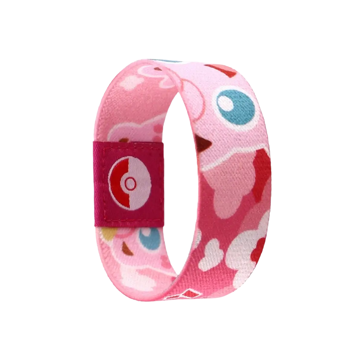 Pink elastic stretch wristband bracelet with cartoon pink and red shapes and a magenta poké ball fabric patch