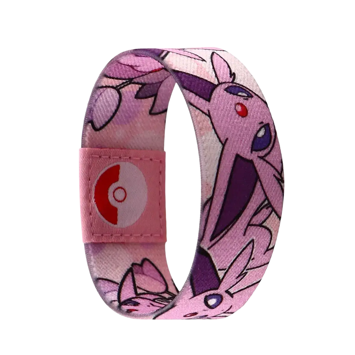 Pink stretch wristband bracelet featuring espeon pattern with purple accents and poké ball fabric patch in fabric jewelry style