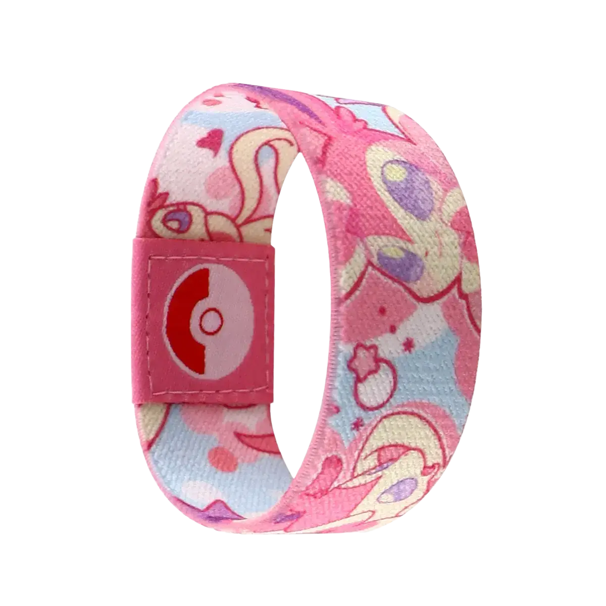 Pink stretch wristband bracelet featuring pastel pokémon characters and hearts with a poké ball logo on fabric
