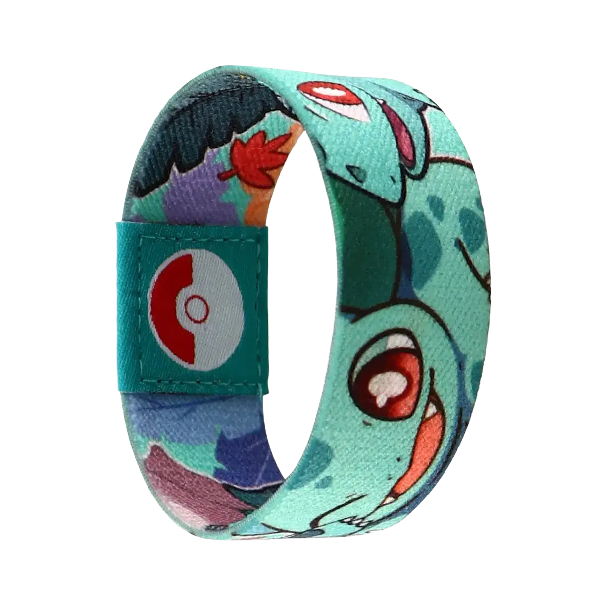 Teal stretch wristband bracelet featuring a vibrant Squirtle cartoon design and poké ball logo fabric jewelry