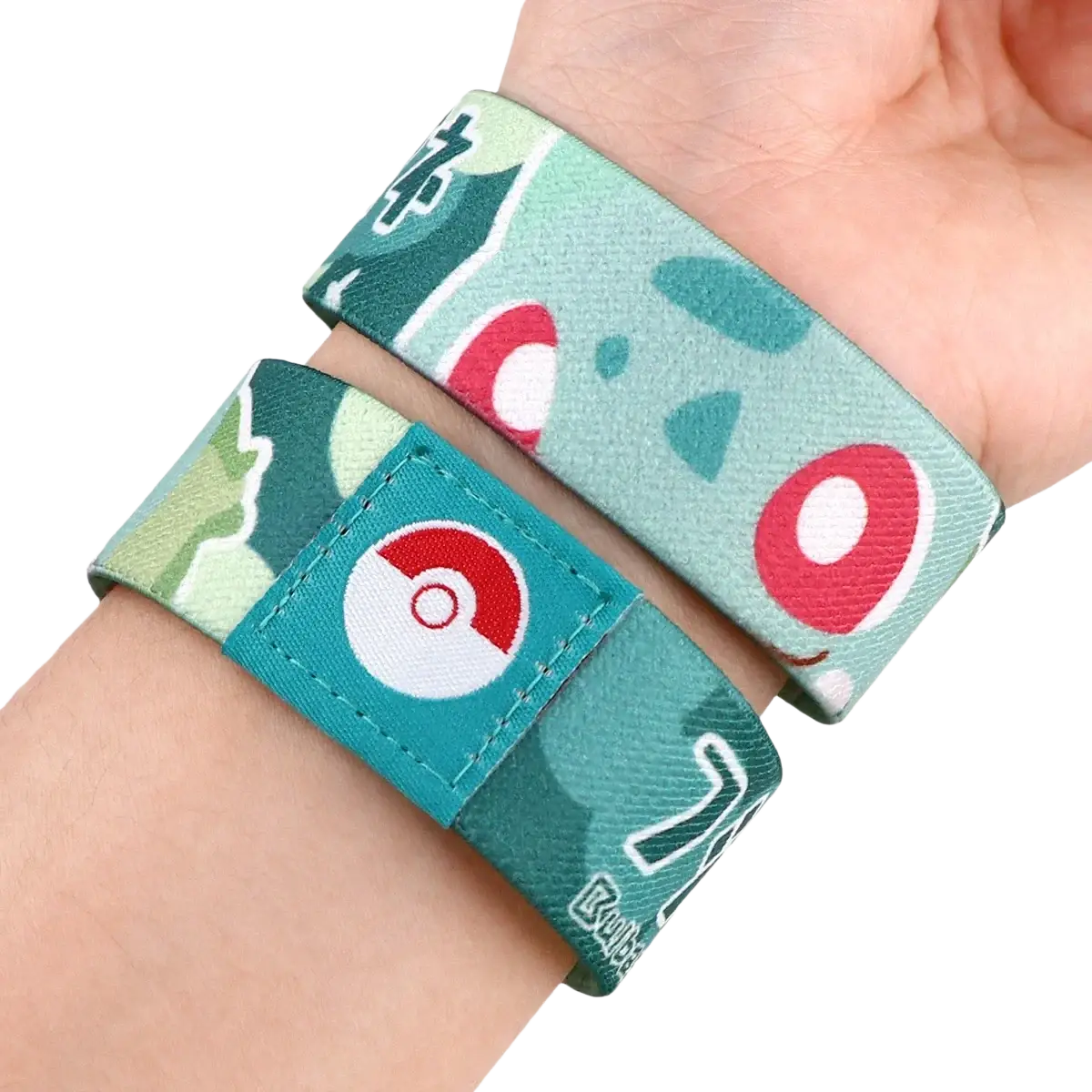 Teal and green baskerville-themed stretch wristband bracelet with cartoon pokémon face and white stitched poké ball patch