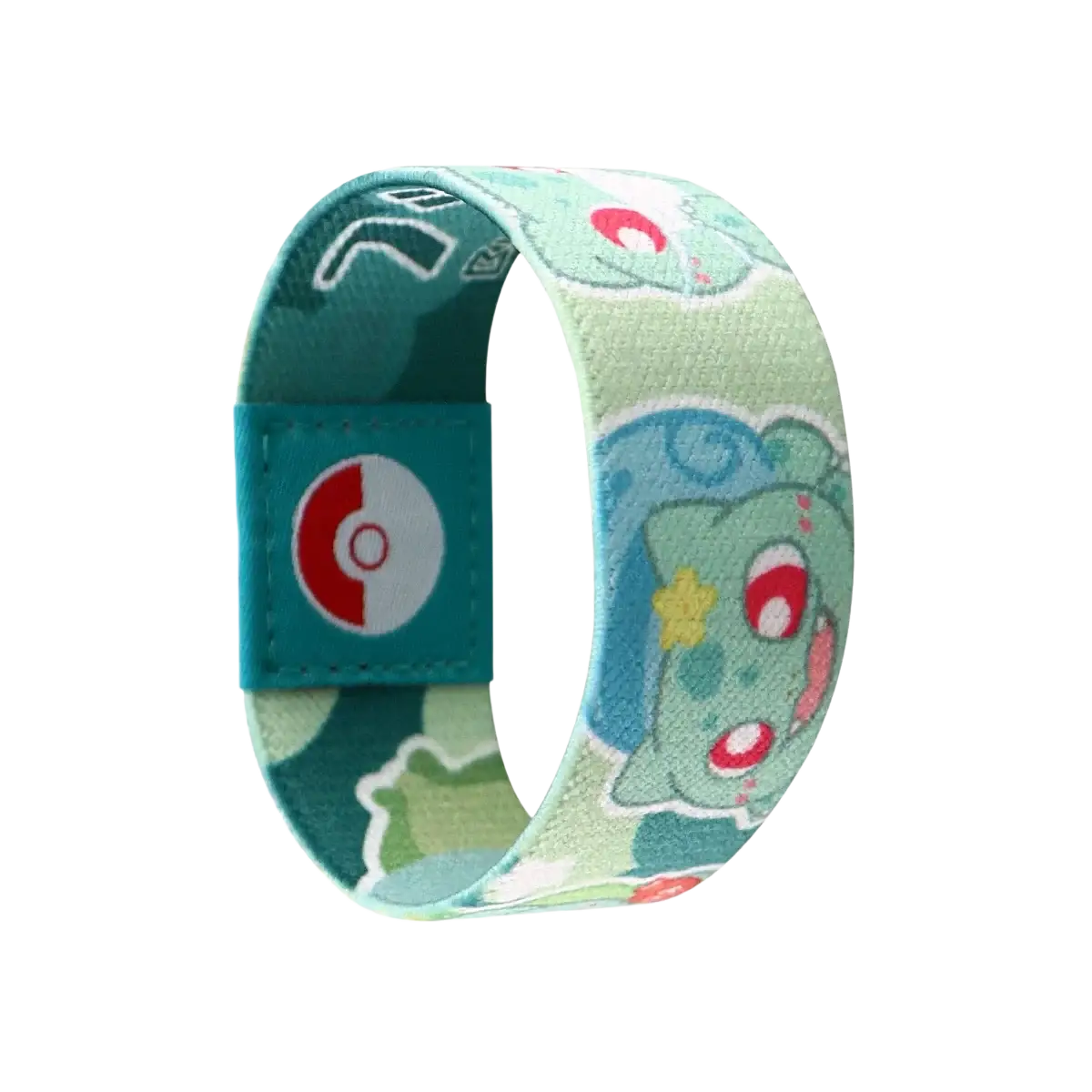 Teal and light green fabric stretch wristband bracelet featuring cartoon bulbasaur with poké ball patch and yellow star