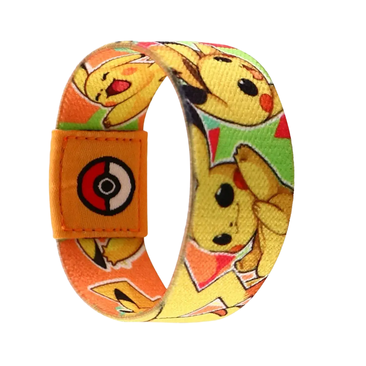 A vibrant orange stretch wristband bracelet made of fabric featuring yellow Pikachu and red-and-white poké ball logos