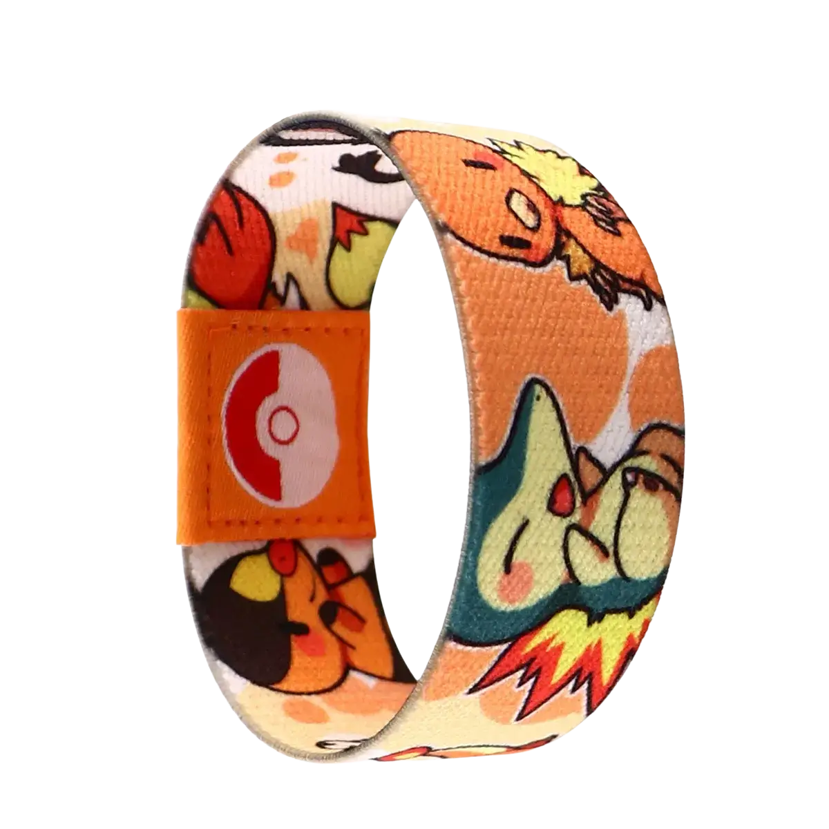 A vibrant orange and cream fabric stretch wristband bracelet with playful Pokémon characters and a Poké ball logo patch