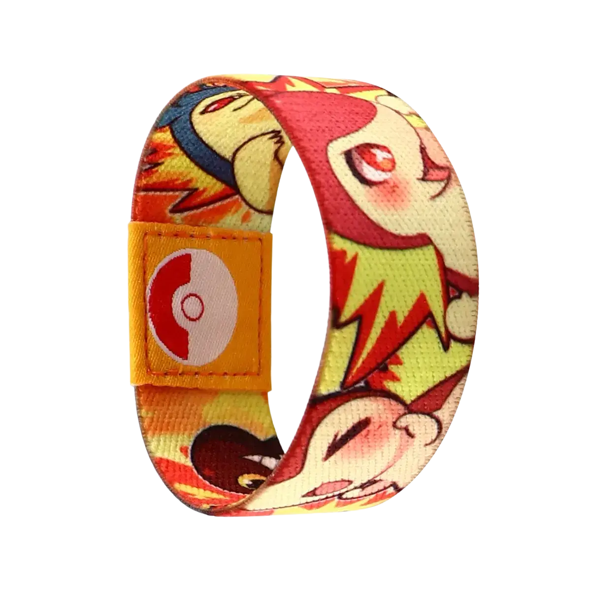 Vibrant stretch wristband bracelet featuring colorful pokémon characters with fiery designs and orange poké ball tab