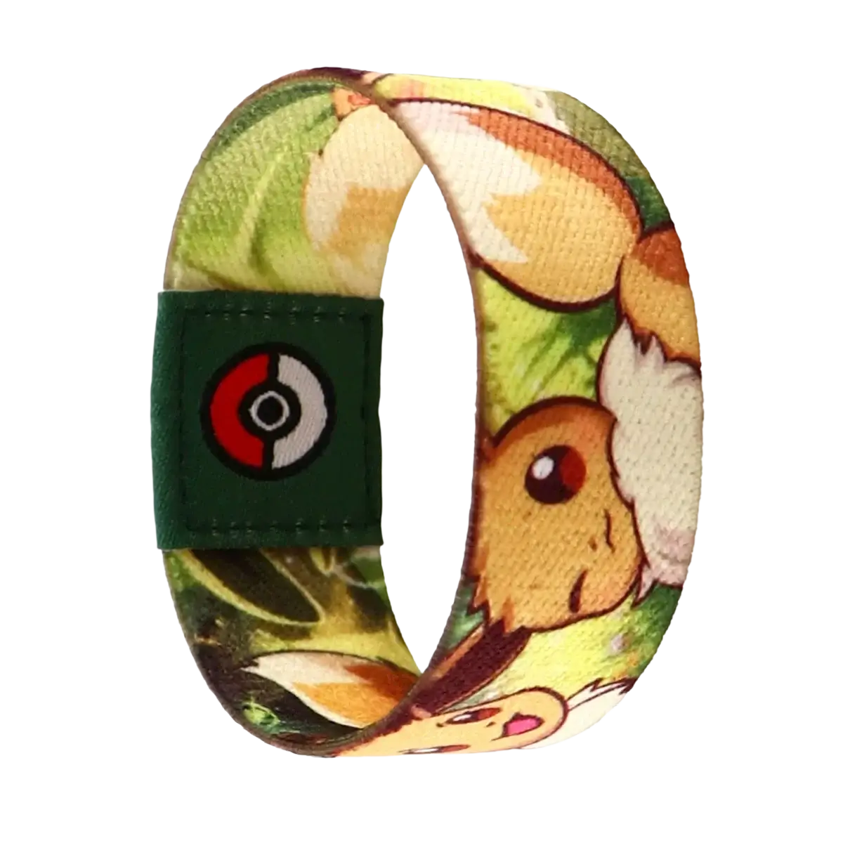 A vibrant green and yellow stretch wristband bracelet featuring Eevee poses and a dark green patch with a Poké Ball logo