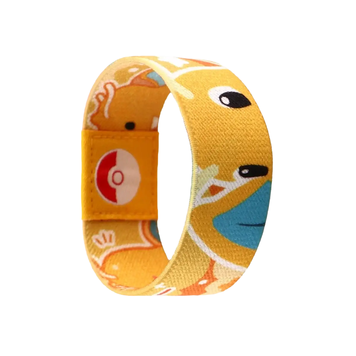 Yellow stretch wristband bracelet featuring pikachu and poké ball cartoon design made of elastic fabric jewelry