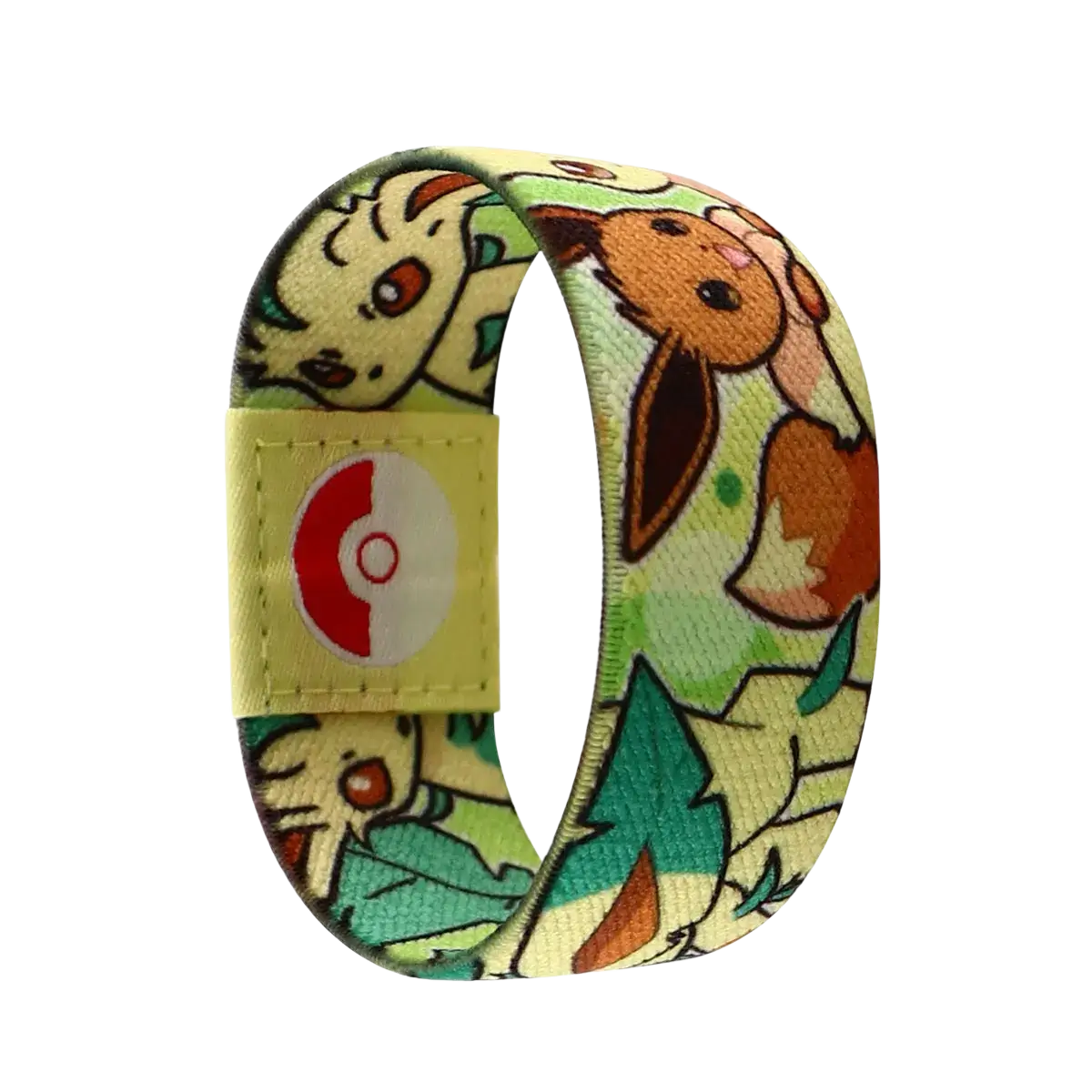 Yellow elastic stretch wristband bracelet featuring cartoon Pokémon characters, green trees, and a Poké Ball patch