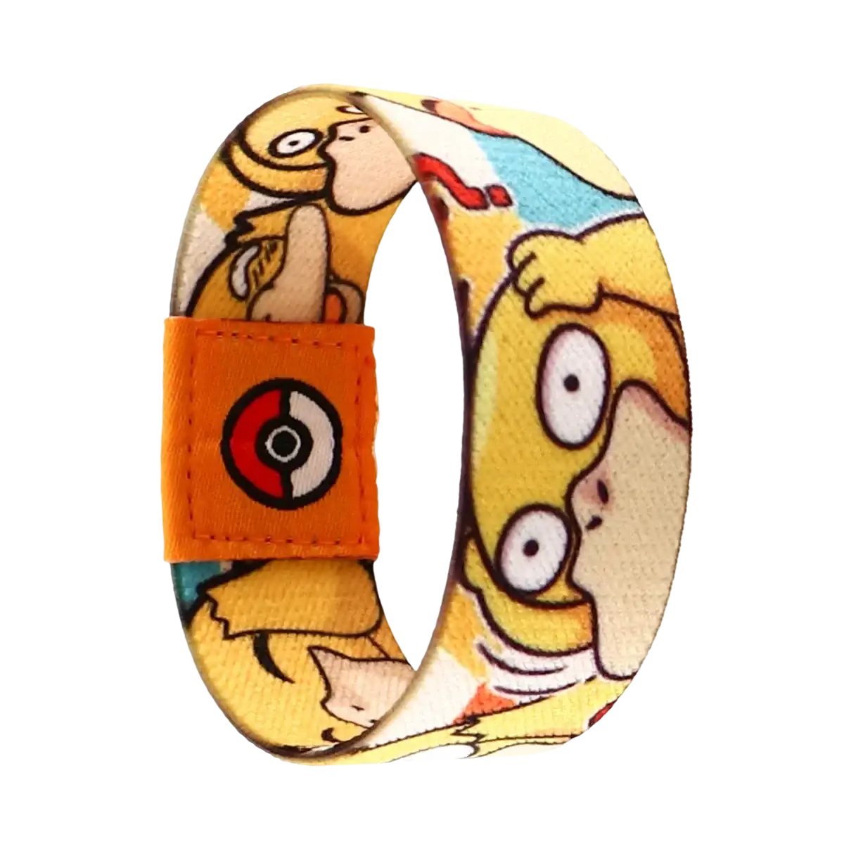 Yellow stretch wristband bracelet featuring cartoon pikachu pattern and orange poké ball patch on fabric jewelry design
