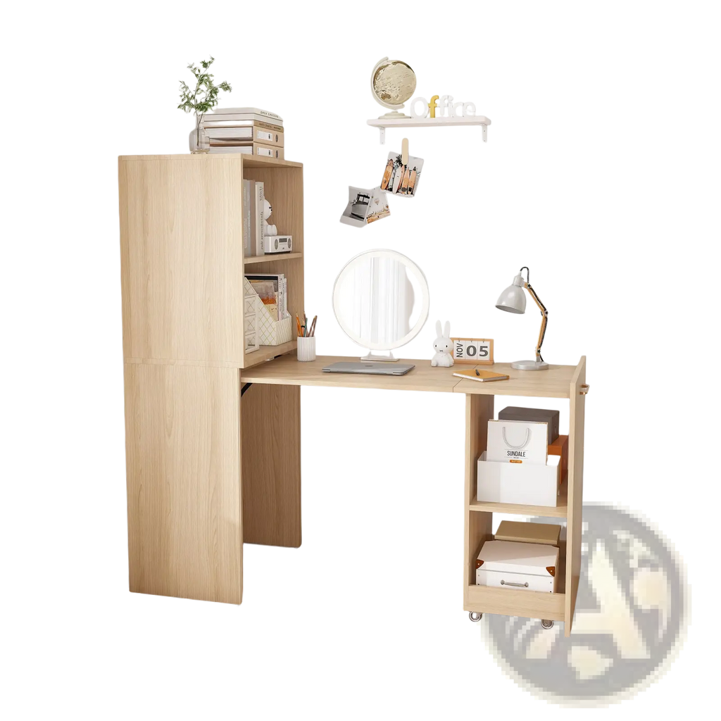 Light wood finish stretchable desk with integrated storage shelves and a mobile storage unit on wheels