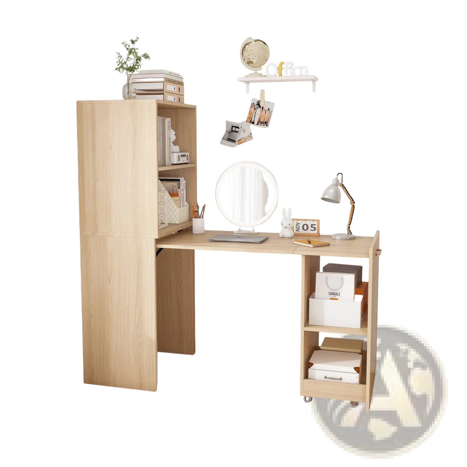 Light wood finish stretchable desk with integrated storage shelves and a mobile storage unit on wheels