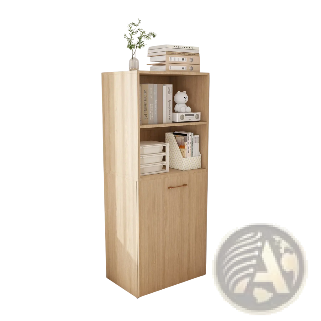 Light wood finish stretchable desk with corner bookshelf open shelves cabinet door and wheels for storage and mobility