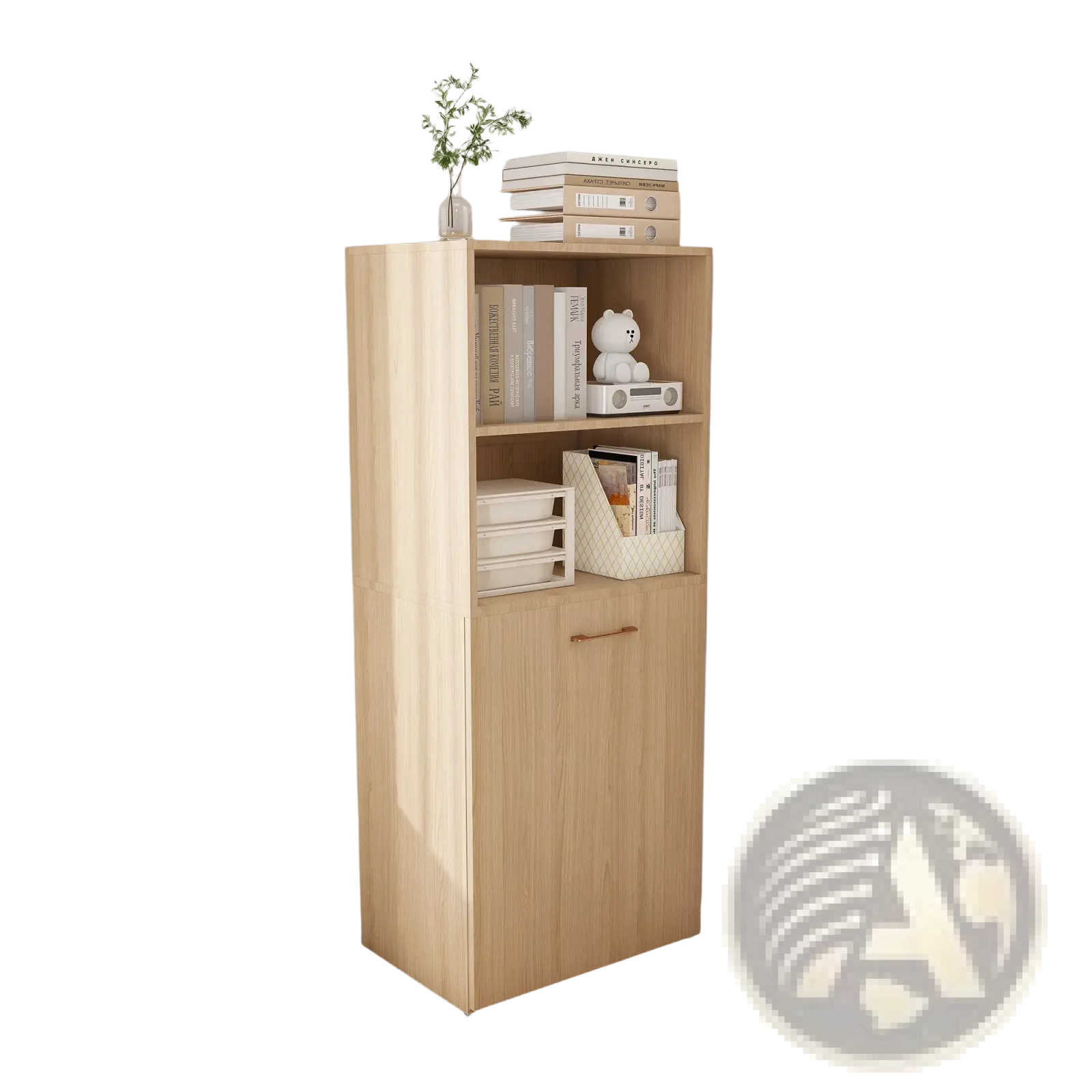 Light wood finish stretchable desk with corner bookshelf open shelves cabinet door and wheels for storage and mobility