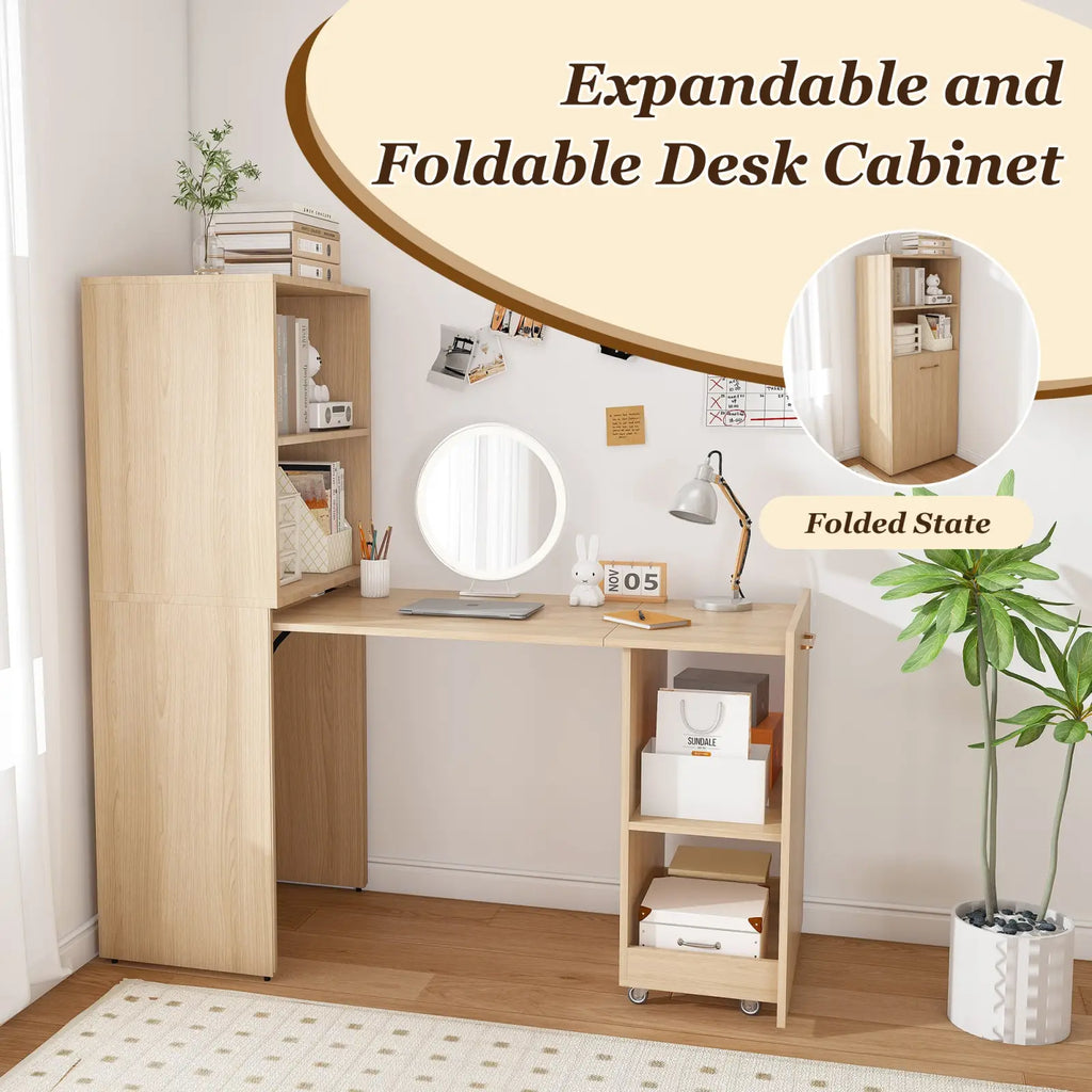 Light wood expandable and foldable desk cabinet with storage shelves, drawers, and wheels for versatile use