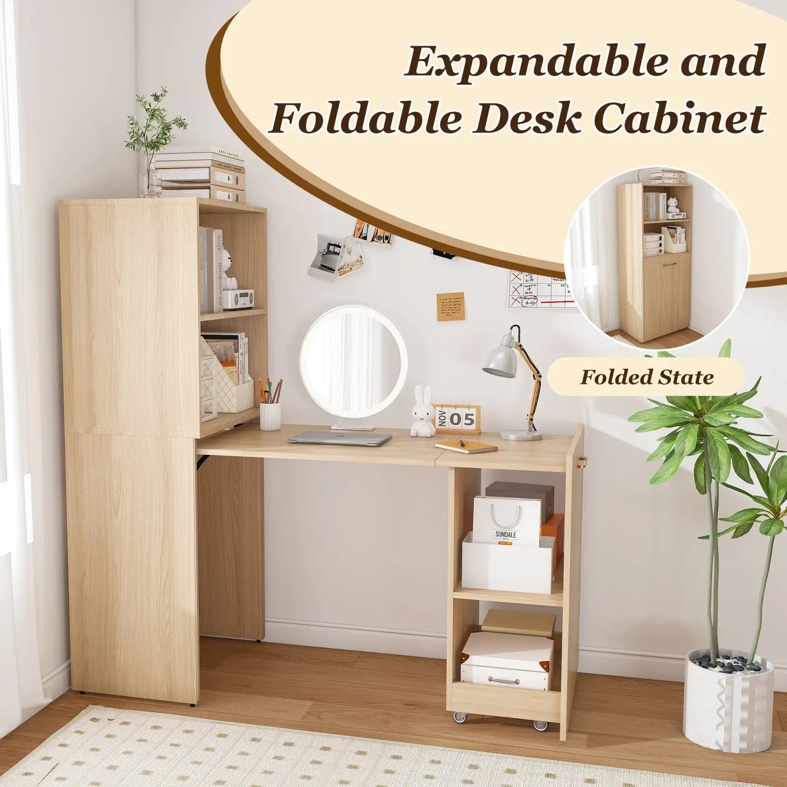 Light wood expandable and foldable desk cabinet with storage shelves, drawers, and wheels for versatile use