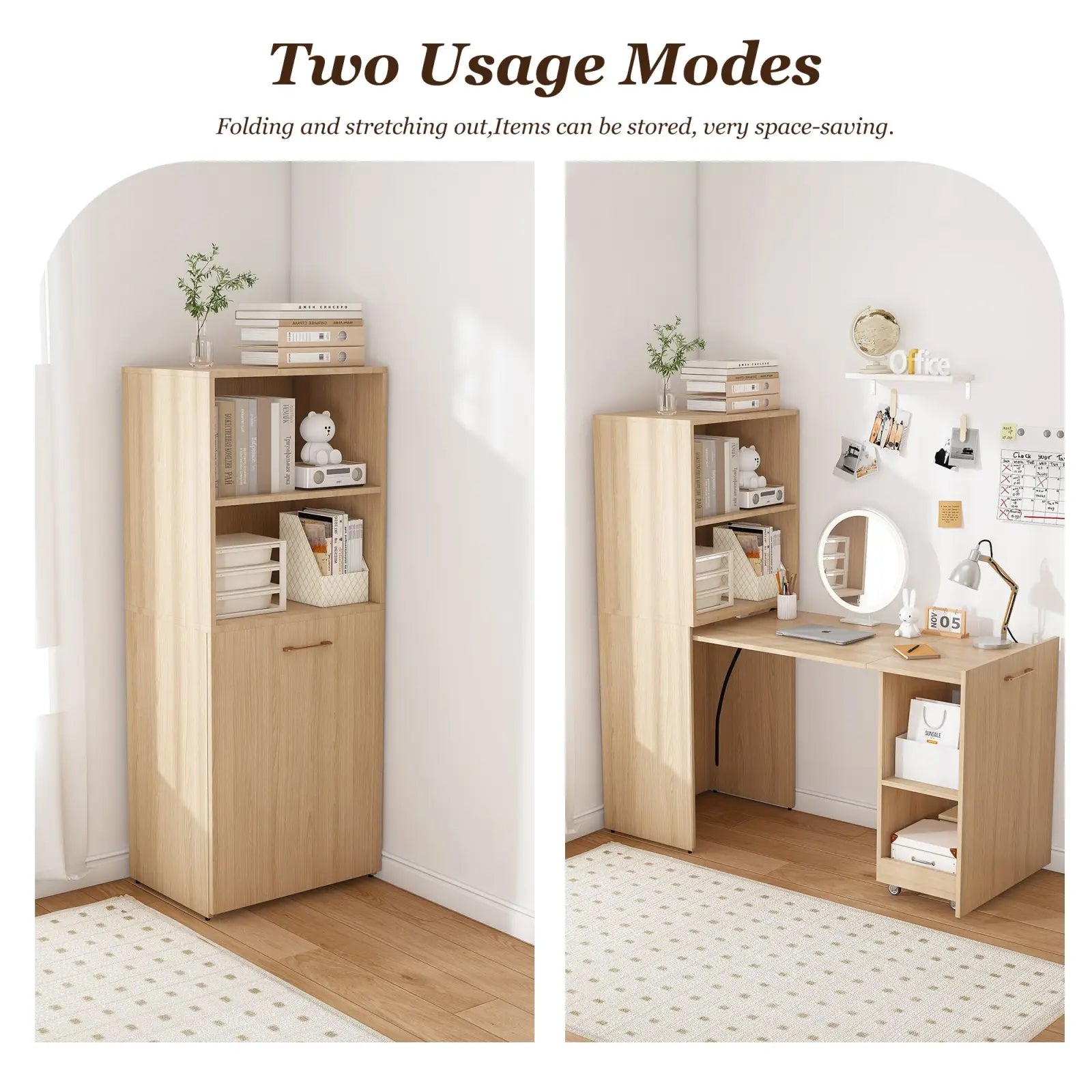 Light wood finish stretchable desk with integrated bookshelf, storage compartments, and wheels for flexible workspace use