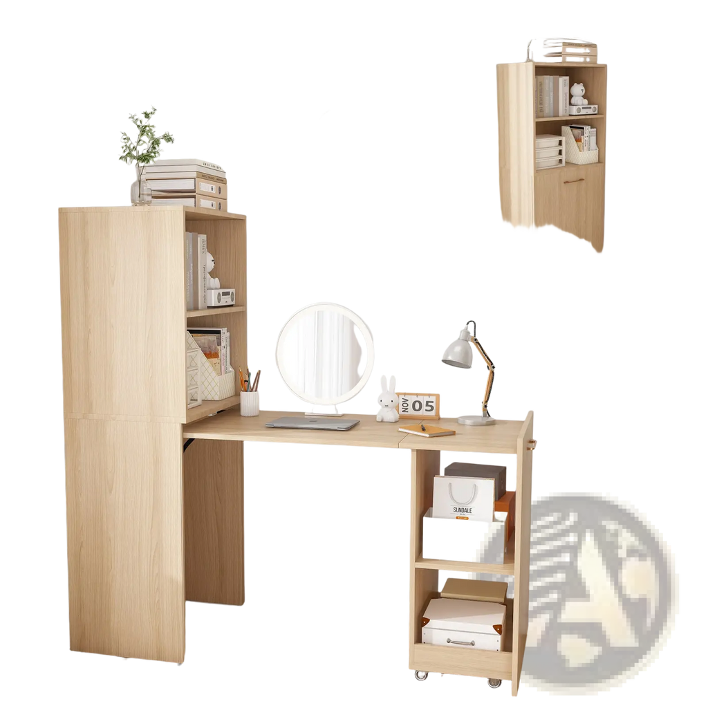 Light wood finish stretchable corner desk with integrated bookshelf and rolling storage unit for organized workspace