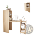 Light wood finish stretchable corner desk with integrated bookshelf and rolling storage unit for organized workspace
