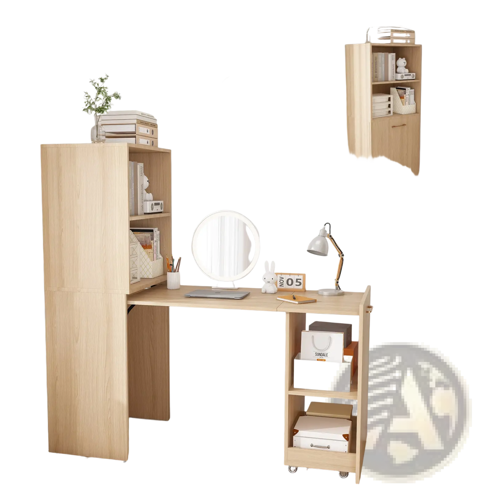 Light wood finish stretchable corner desk with integrated bookshelf and rolling storage unit for organized workspace