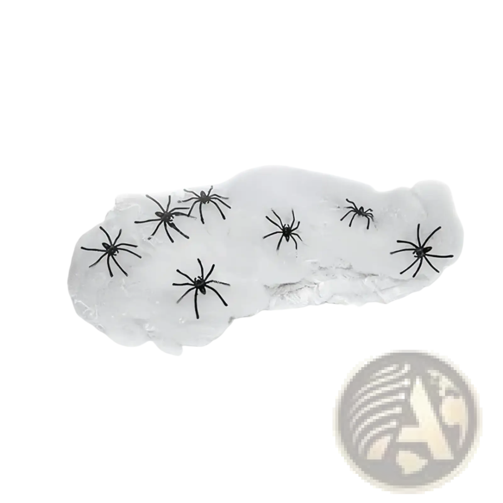 Black plastic spiders arranged on a stretchable white halloween spider web decoration for spooky decor
