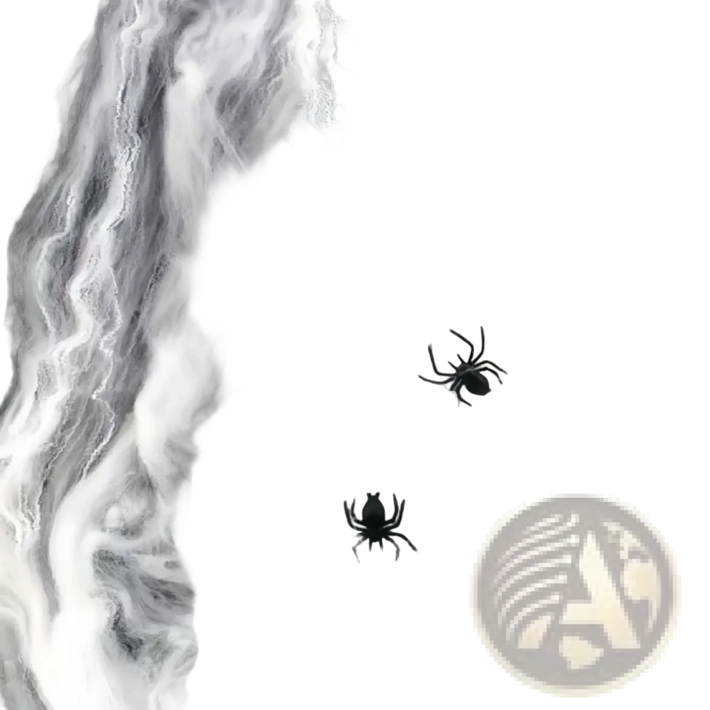 Black plastic spiders resting on a stretchable white wispy halloween spider web decoration for spooky decor