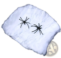 Stretchable halloween spider web decoration made of white fluffy material with two black plastic spiders resting on it