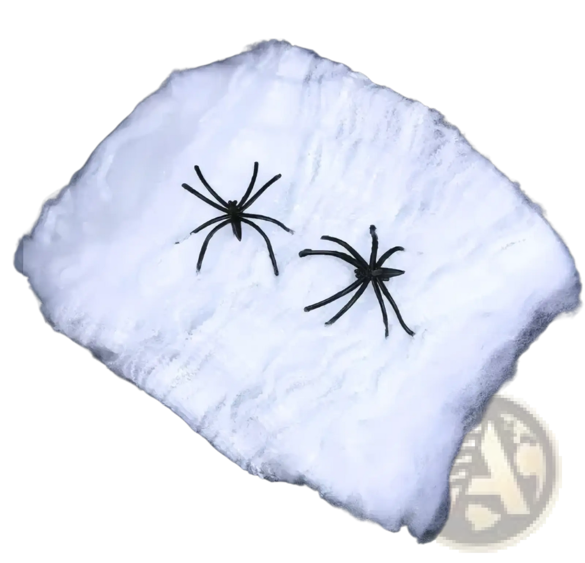 Stretchable halloween spider web decoration made of white fluffy material with two black plastic spiders resting on it