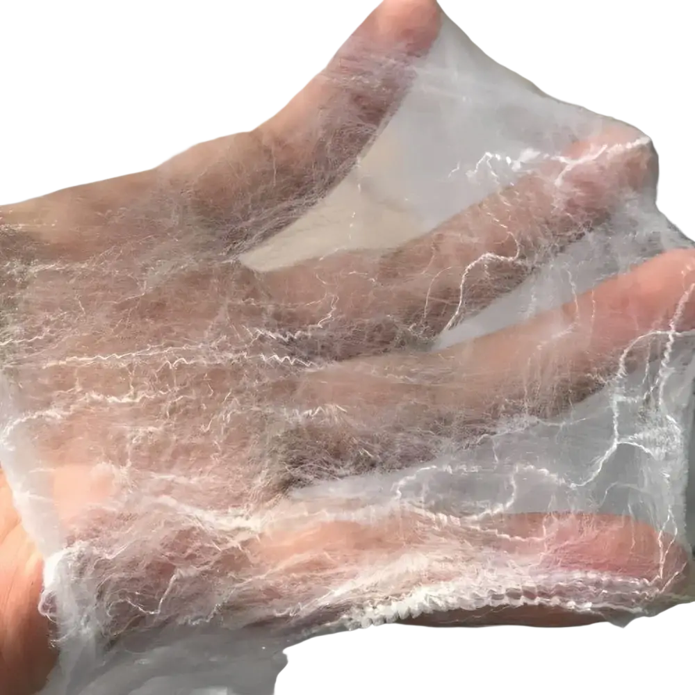 A stretchable halloween spider web decoration white mesh glove with delicate web-like texture and reinforced edges
