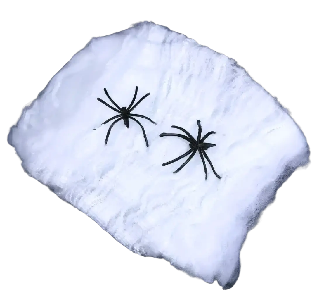 Stretchable halloween spider web decoration made of white fluffy material with two black plastic spiders resting on it