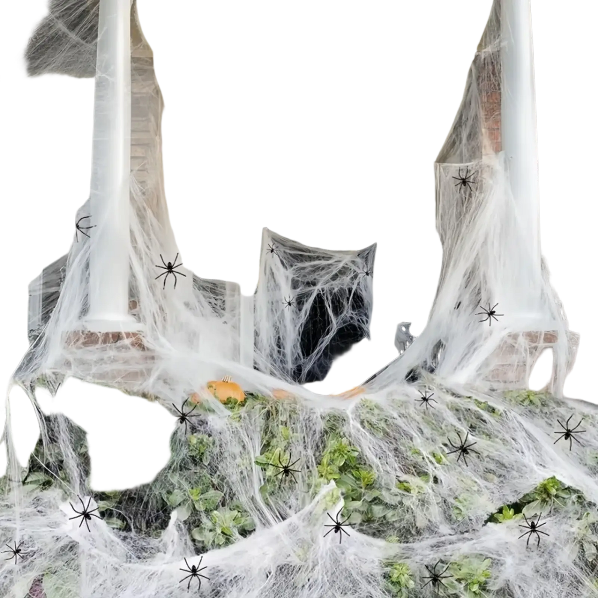 Stretchable halloween spider web decoration with white sheer garland and black plastic spiders for spooky decor