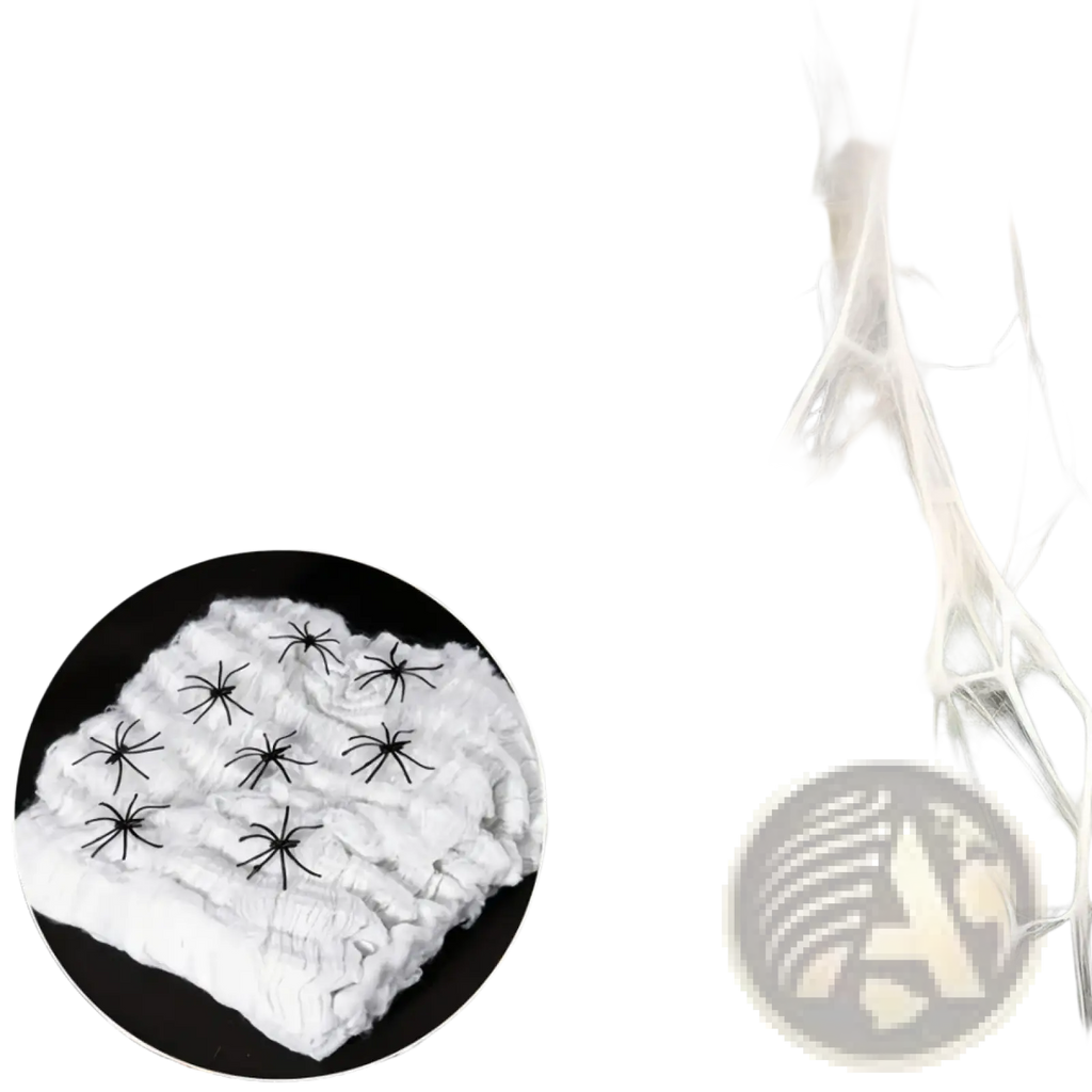 Stretchable halloween spider web decoration made of white sheer fabric with black plastic spiders on a white textured backing