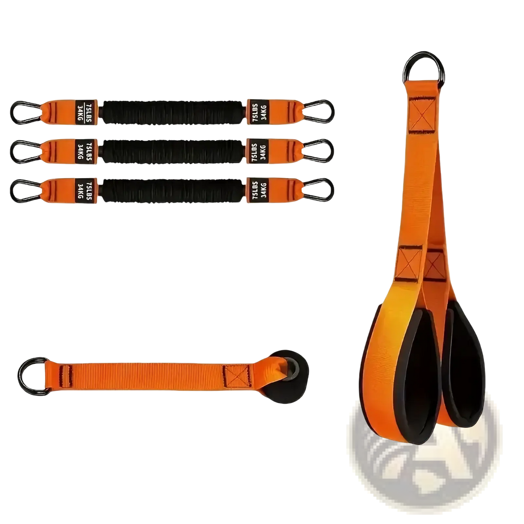 Orange and black heavy duty resistance band set with adjustable straps metal hooks and durable fabric construction