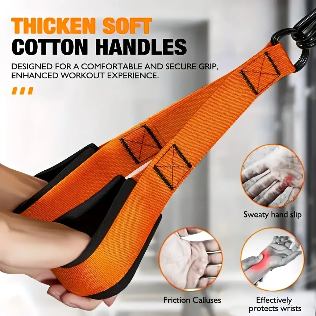 Orange cotton handles with black reinforced edges and stitching for secure grip on heavy duty stretching strap set bands