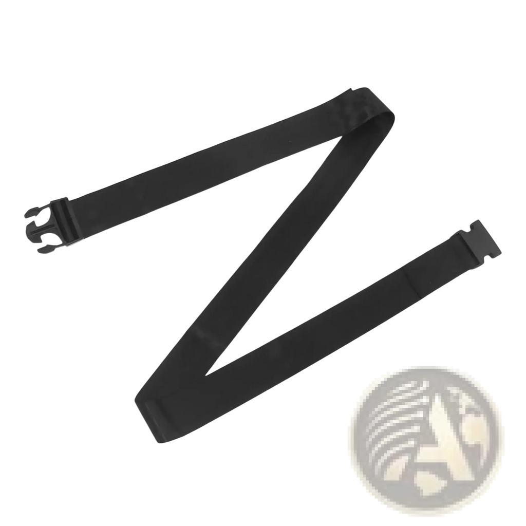 Black elastic stretching strap with plastic buckle ends designed for yoga and leg fitness exercises