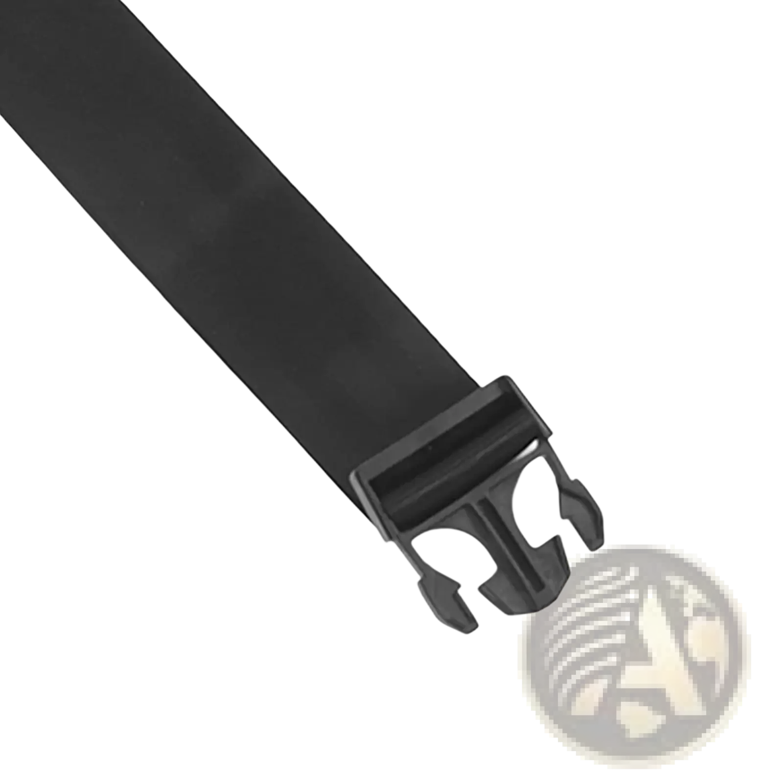 Black elastic stretching strap with a black plastic buckle for yoga and leg fitness exercises