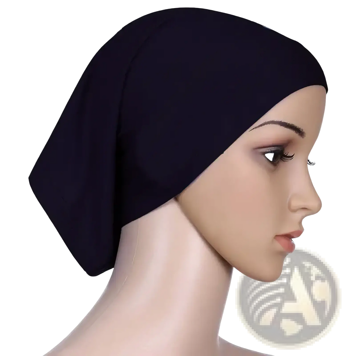 Black stretchy hijab underscarf cap snugly worn on mannequin head designed for comfortable wear and secure fit