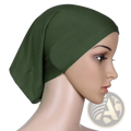 A soft olive green stretchy hijab underscarf cap made of smooth fabric drapes elegantly over mannequin head