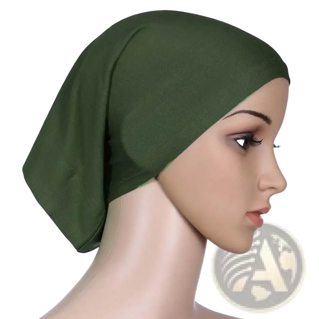 Olive green stretchy hijab underscarf cap for women with soft texture worn snugly on a mannequin’s head