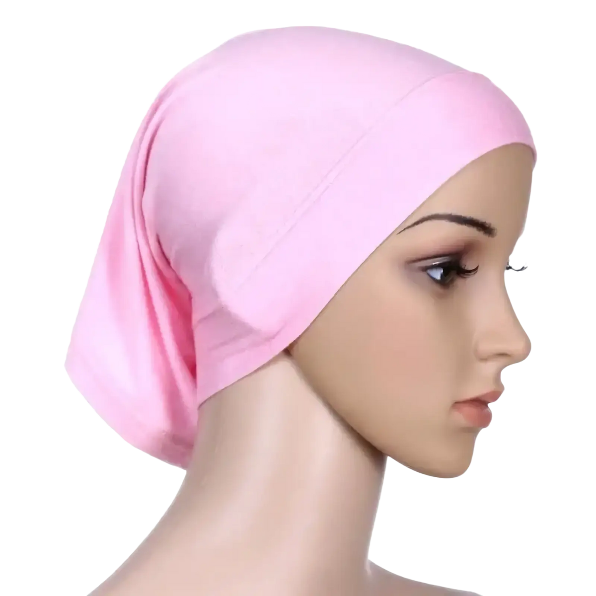 Pink stretchy hijab underscarf cap made of comfortable fabric displayed on mannequin head for women