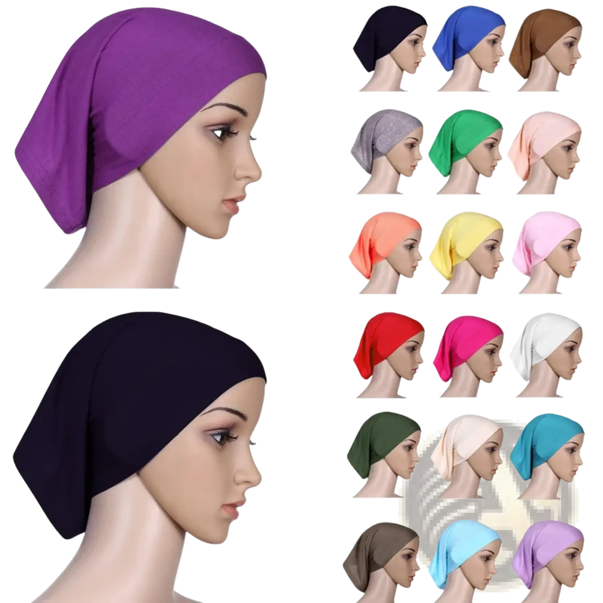 Purple stretchy hijab underscarf cap displayed on mannequin showcasing breathable fabric for womens comfort