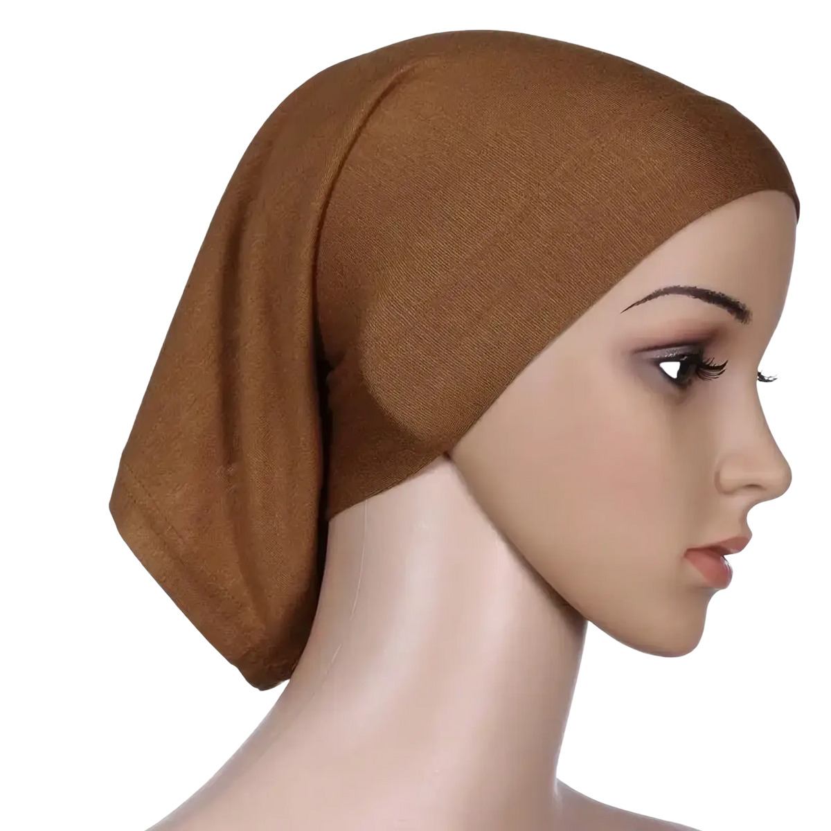 A soft solid brown stretchy hijab underscarf cap made of smooth lightweight fabric for women