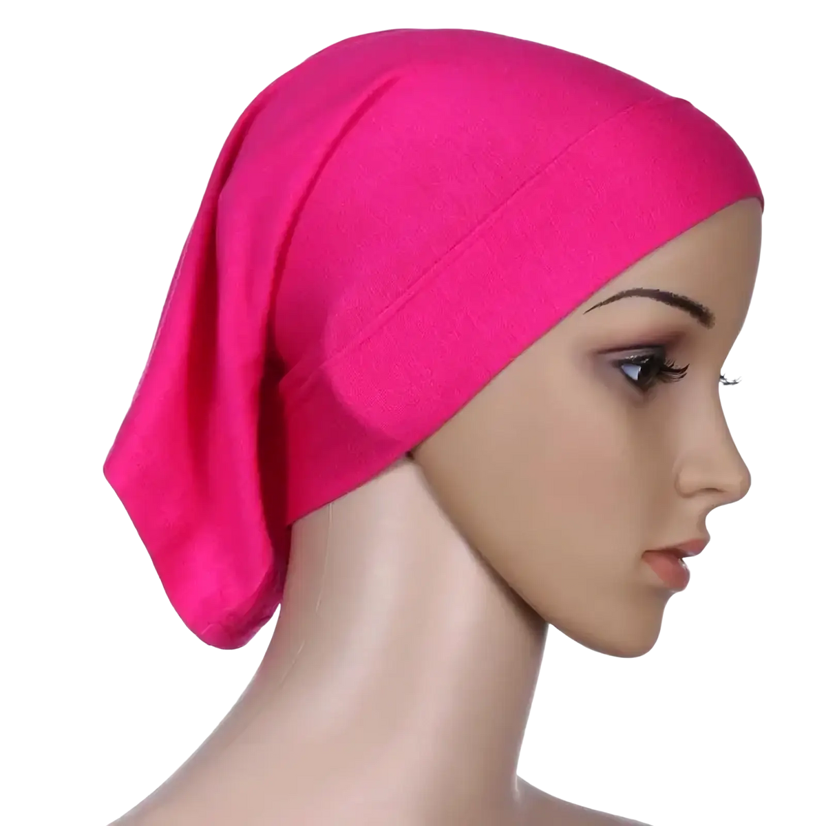 A vibrant fuchsia stretchy hijab underscarf cap made of soft fabric with smooth texture and subtle seam detailing