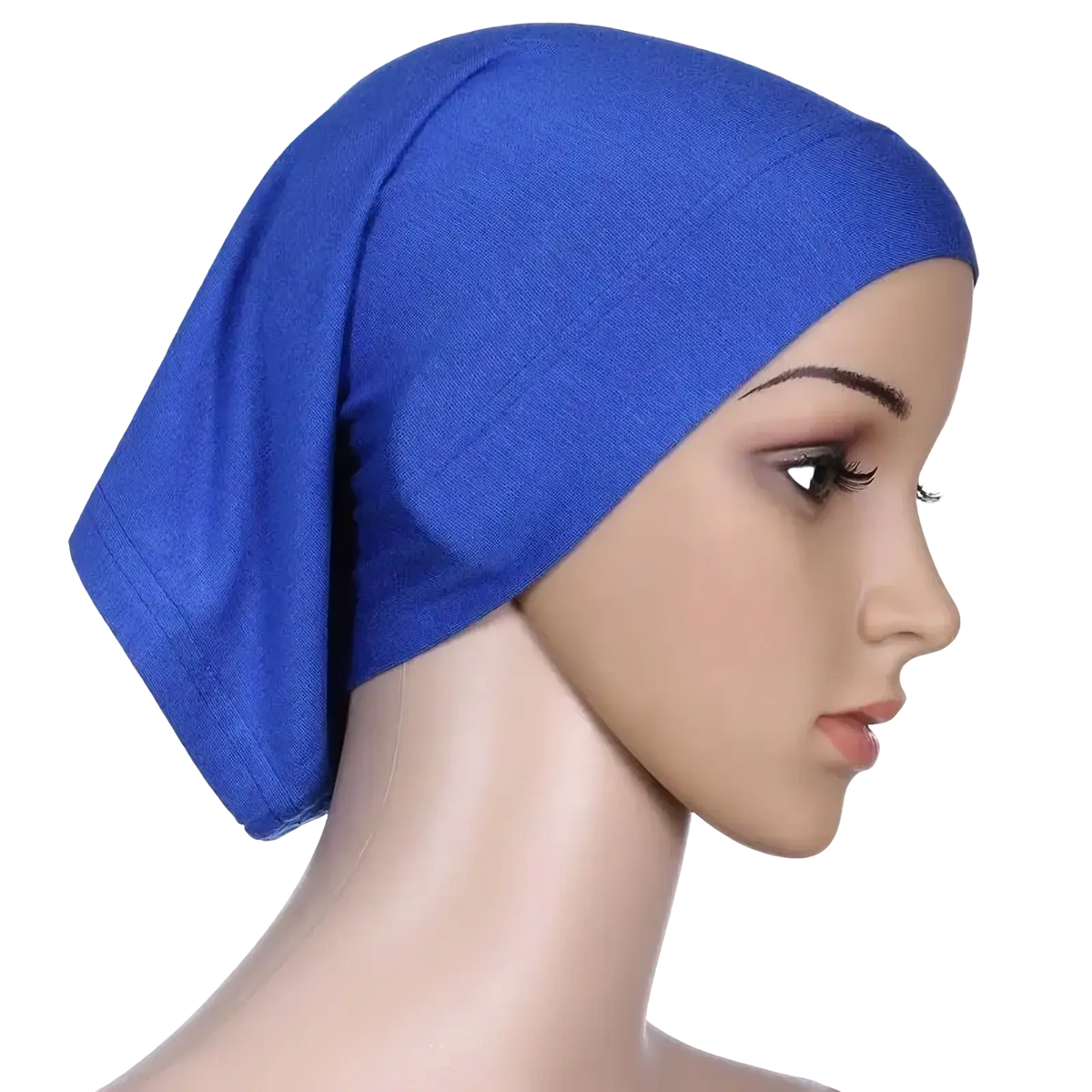 Stretchy hijab underscarf cap for women in vibrant royal blue with soft texture and subtle woven pattern