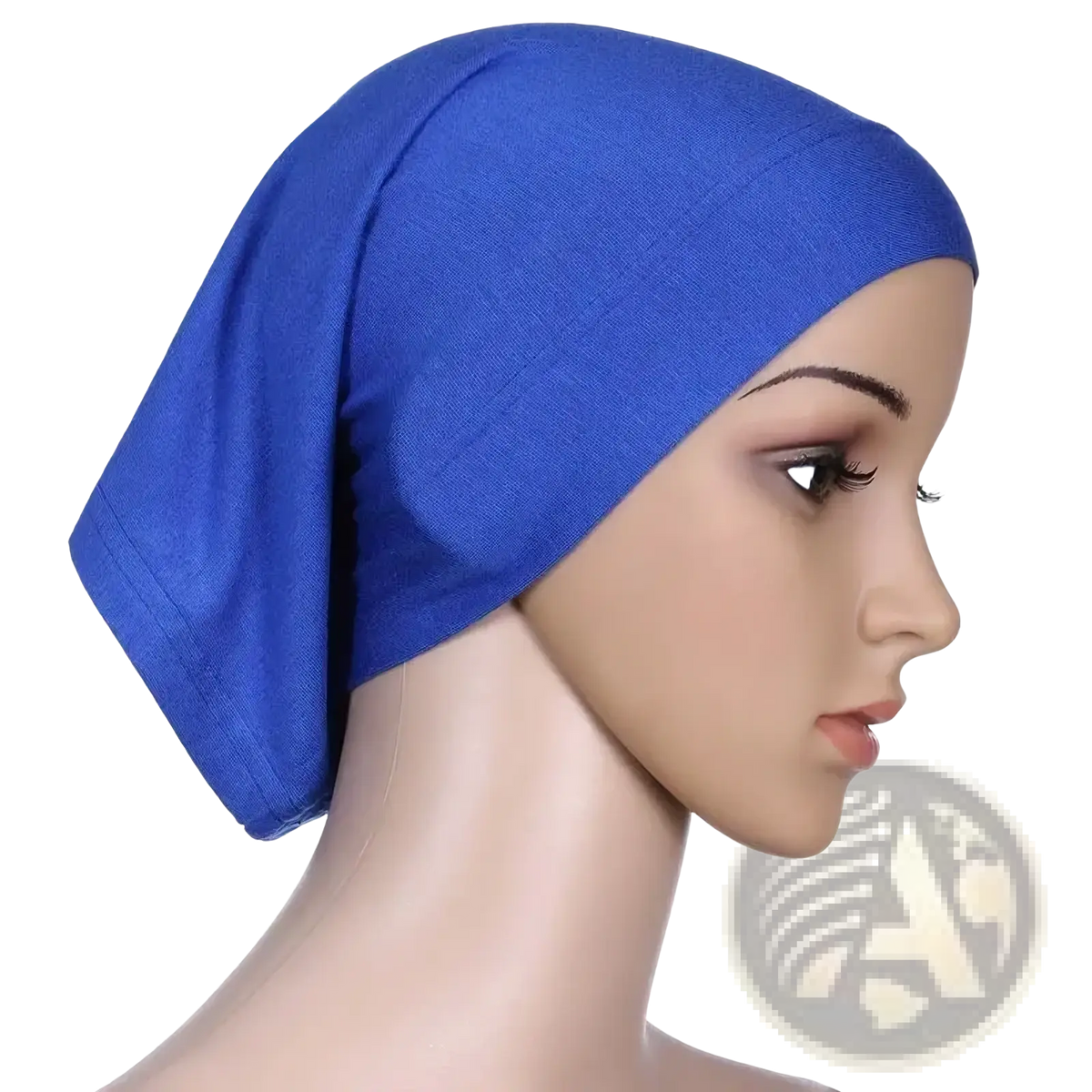 A vibrant royal blue stretchy hijab underscarf cap for women with soft texture and subtle woven pattern