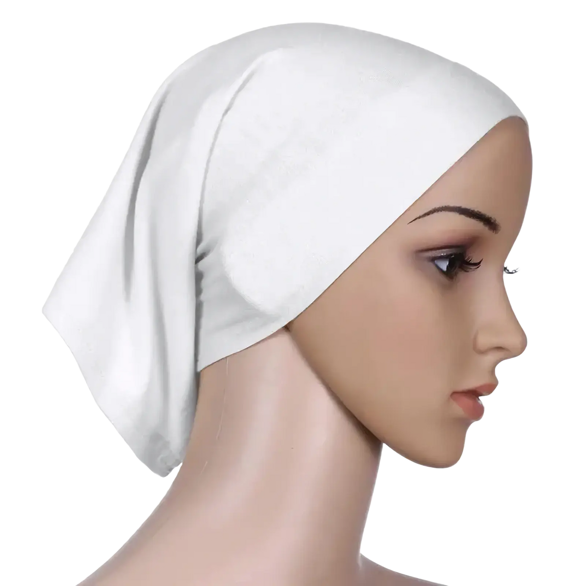 White satin stretchy hijab underscarf cap draped over a mannequin head for women