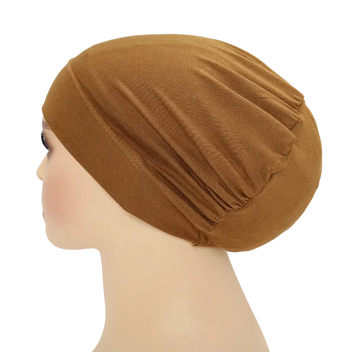 A soft tan stretchy jersey hijab cap and turban set with a gathered pleated design made of comfortable fabric