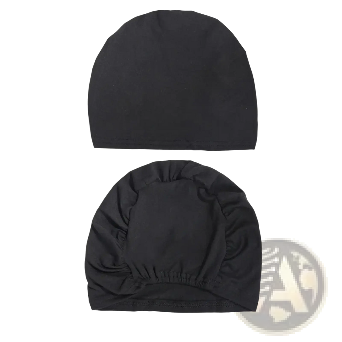 Black elastic swim cap made of stretchy jersey fabric measuring 20cm by 23cm suitable for chemo hijab use