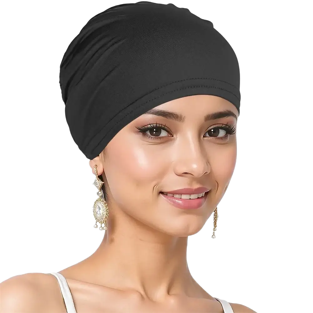 Black stretchy jersey turban chemo hijab hat with soft seamless fabric designed for comfort and durability