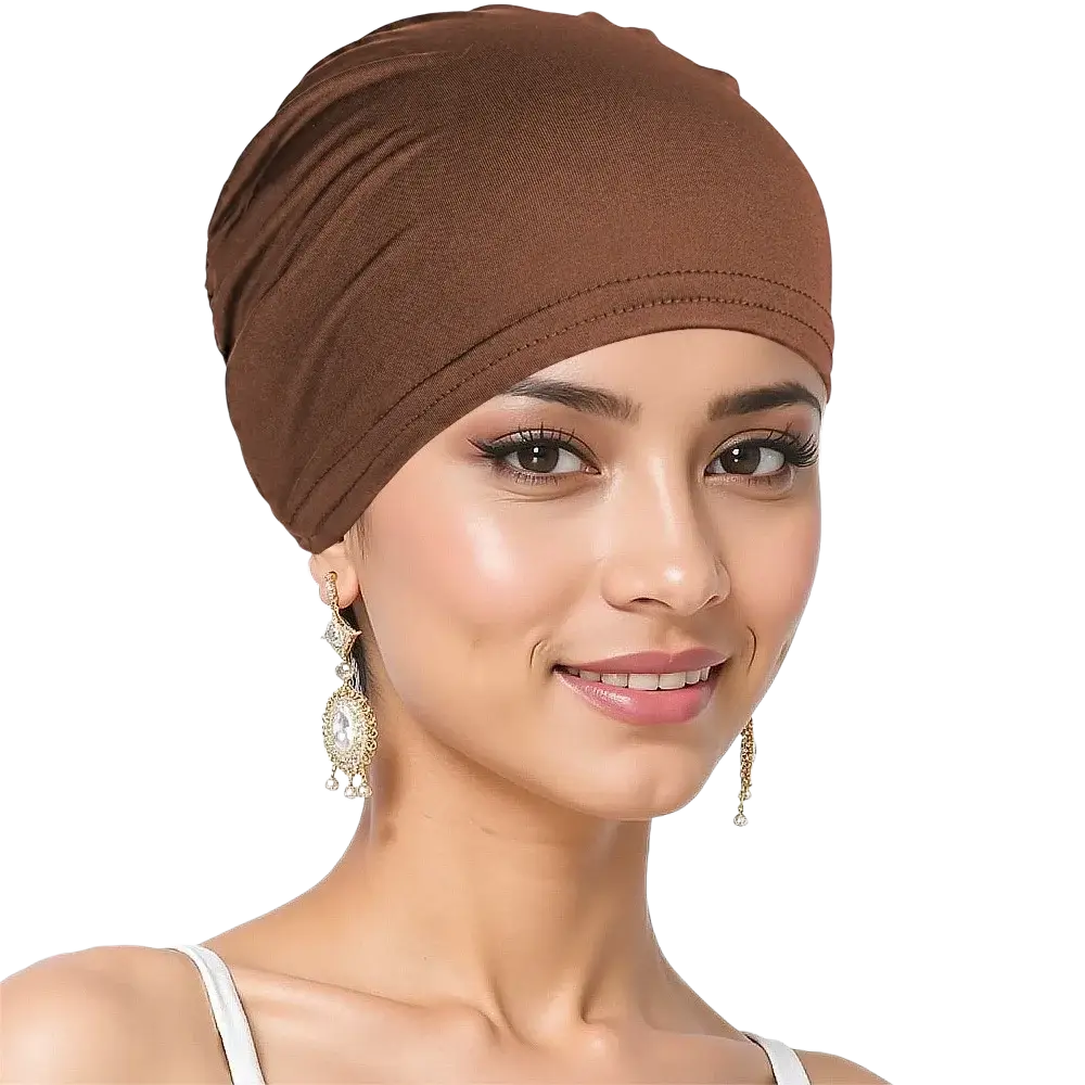 Brown stretchy jersey turban chemo hijab hat with soft texture and subtle edge stitching for a snug fit